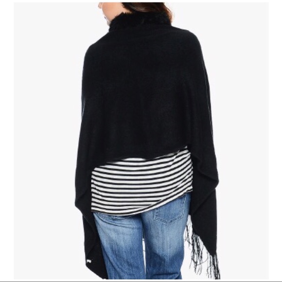 Black Faux Fur Pom Pom Tie Front Winter Shawl Wrap - Picture 4 of 7